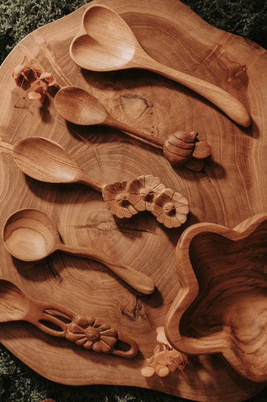 Flower carved teak spoon