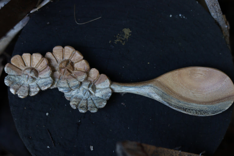 Flower carved teak spoon