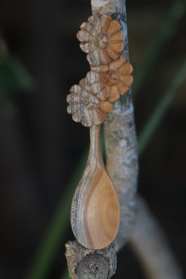 Flower carved teak spoon