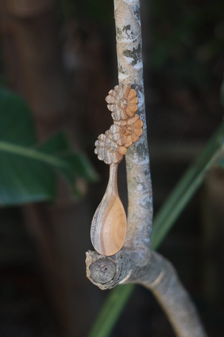 Flower carved teak spoon