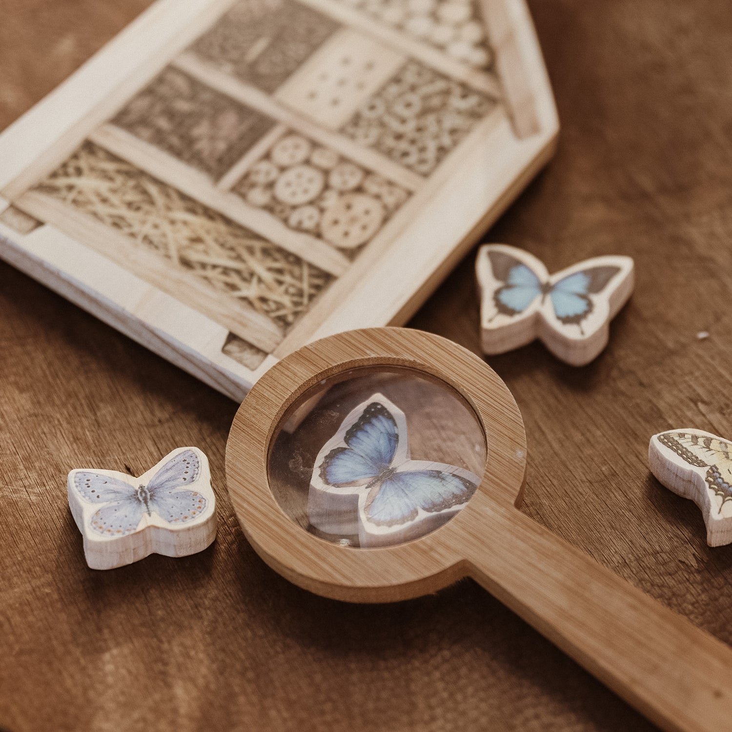 A wooden butterfly-themed educational toy set on a rustic wooden table, featuring a house-shaped insect hotel, a magnifying glass, and several wooden butterfly cutouts.