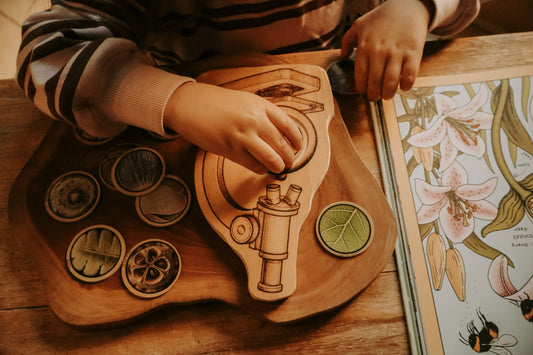 A child's hands playing with a wooden scientific toy set featuring a microscope and leaf-shaped pieces on a wooden board, with a botanical book nearby.